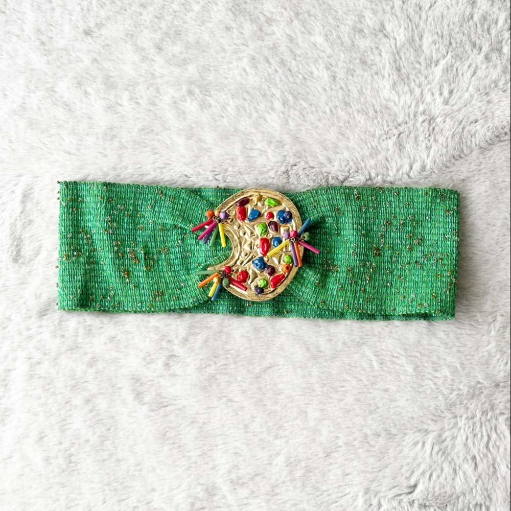 BORBONESE Vintage 1980s Green Stretchy Beaded Belt with Gold Tone Clasp